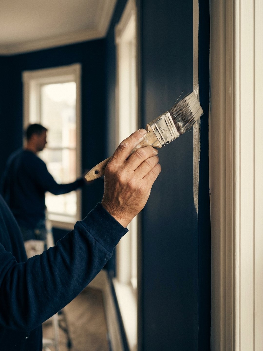 Paint Guys painter cutting a crisp line between a navy feature wall and white trim