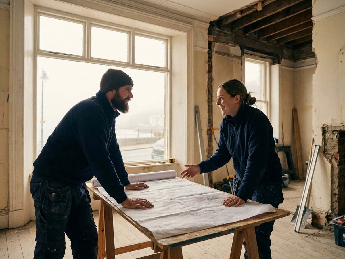 Two crew members reviewing a renovation plan on site
