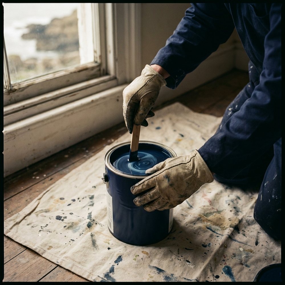 Close-up of a painter's hands cutting a clean line at a ceiling