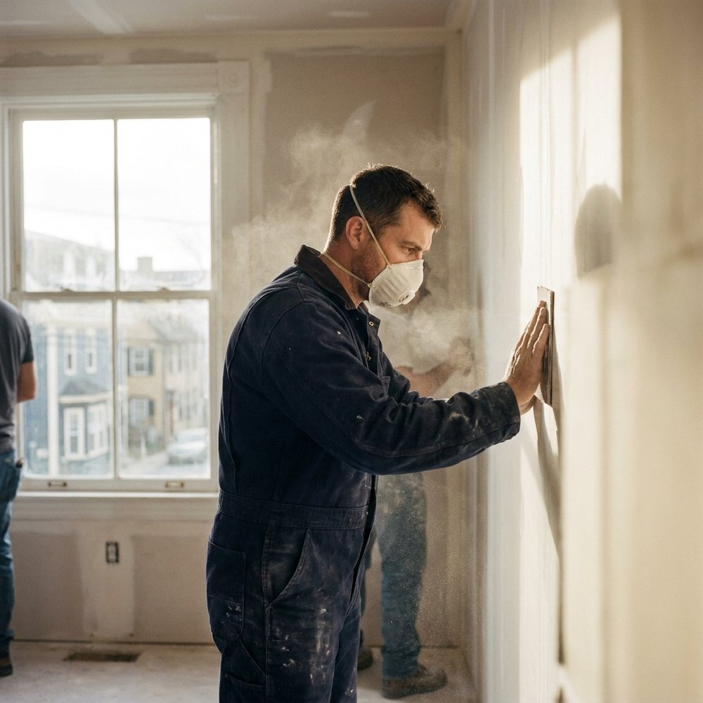 Drywall finisher sanding a seam in a basement renovation