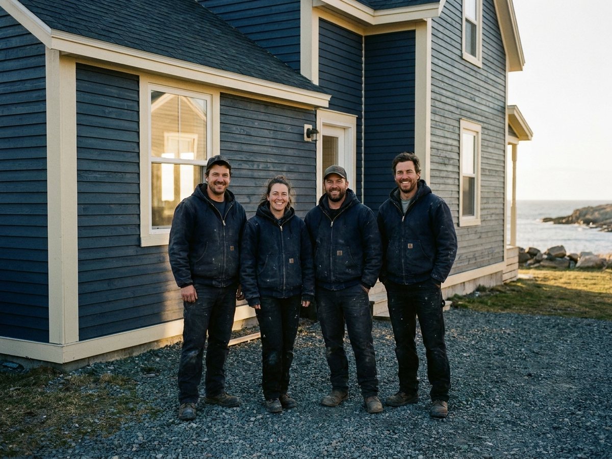 The team standing together in front of a finished project