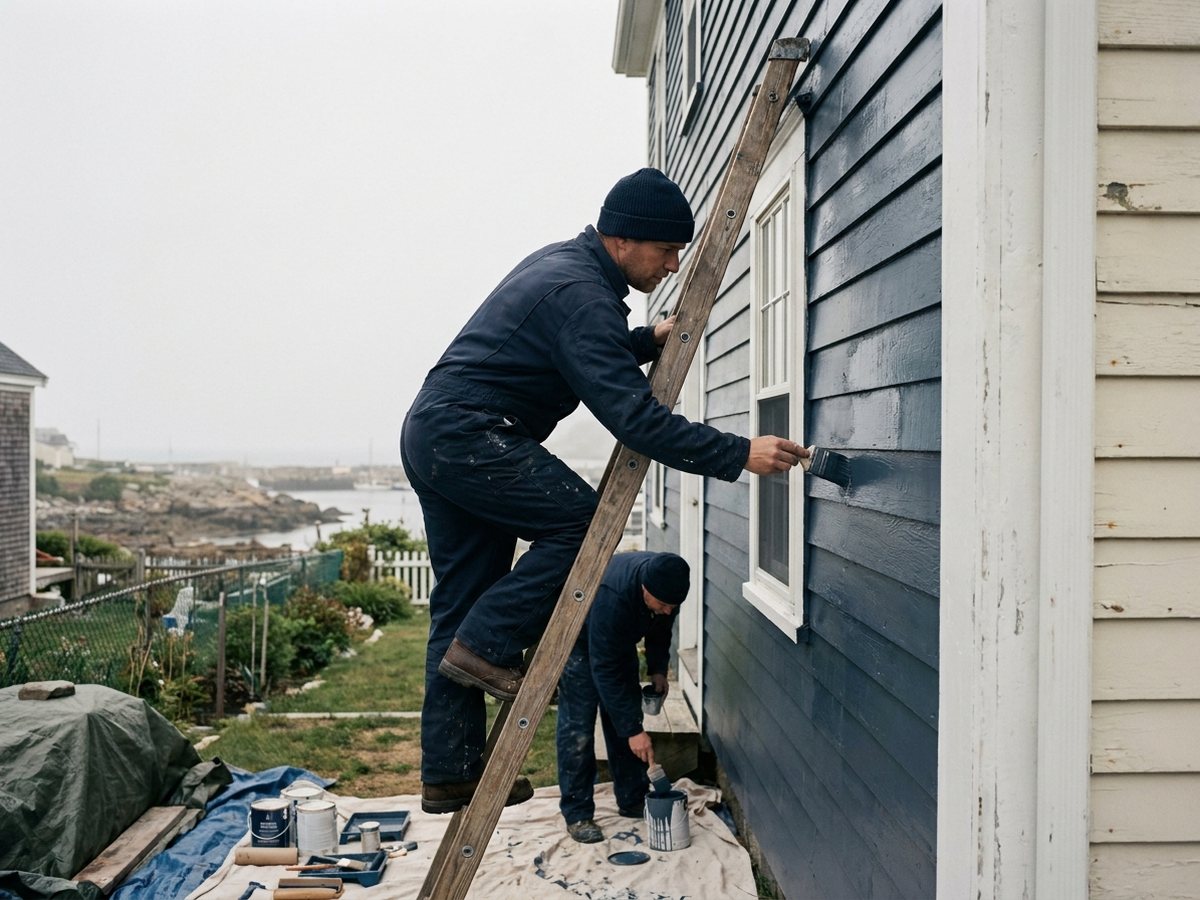 Painter applying coastal-grade exterior paint to siding on a Halifax home