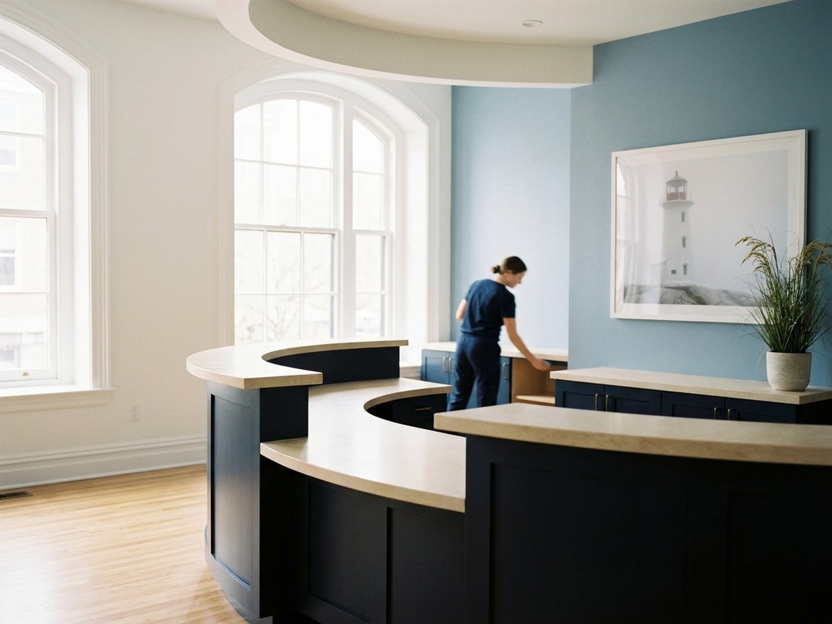 Repainted health clinic interior with clean white walls and navy accents