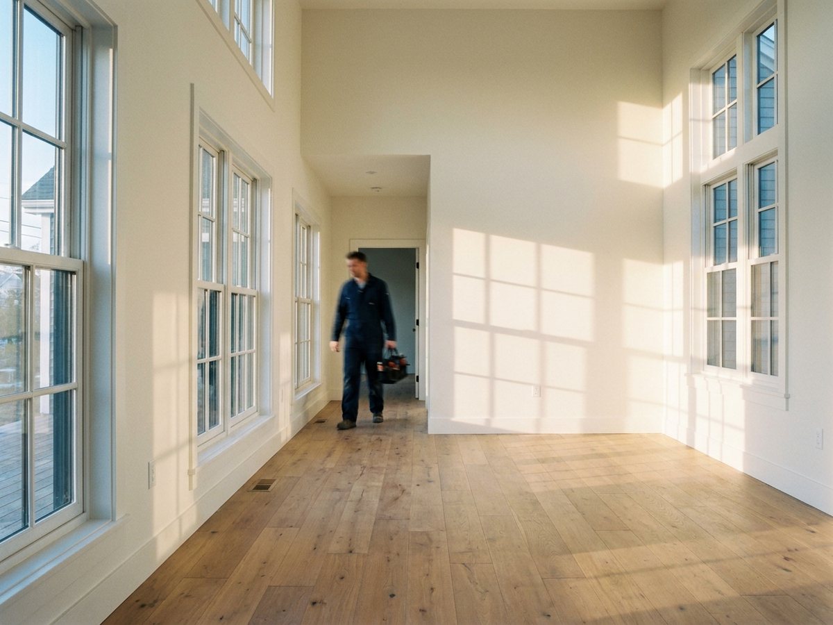 Newly built home interior fully painted in warm whites