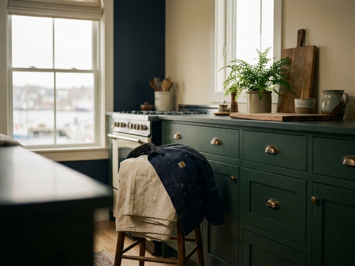 Kitchen cabinets spray-finished in deep green with brass hardware