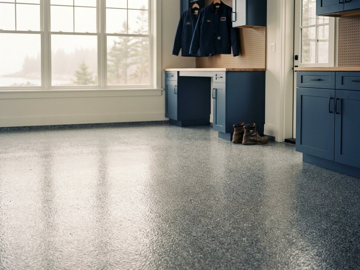 Garage floor with grey epoxy flake coating, glossy seamless finish