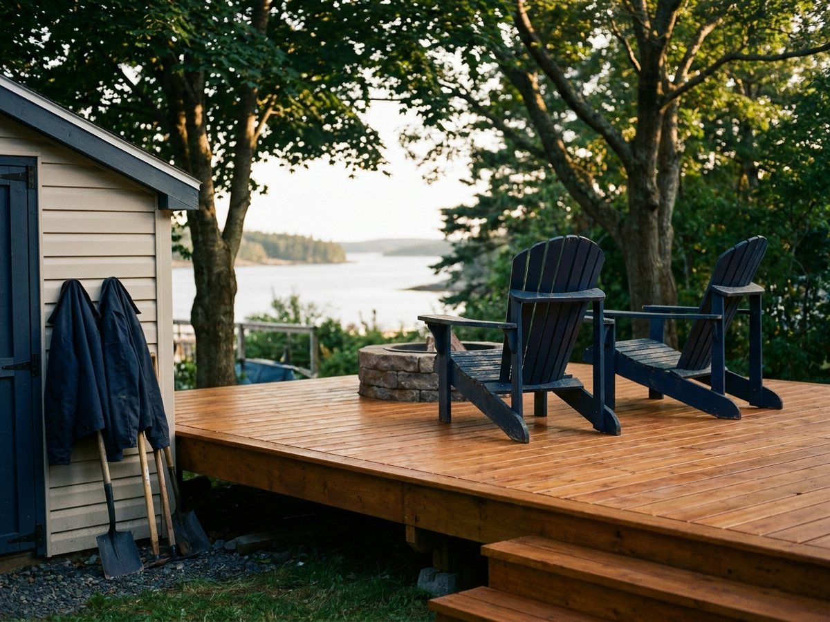 Restored wooden deck freshly stained in warm cedar tone